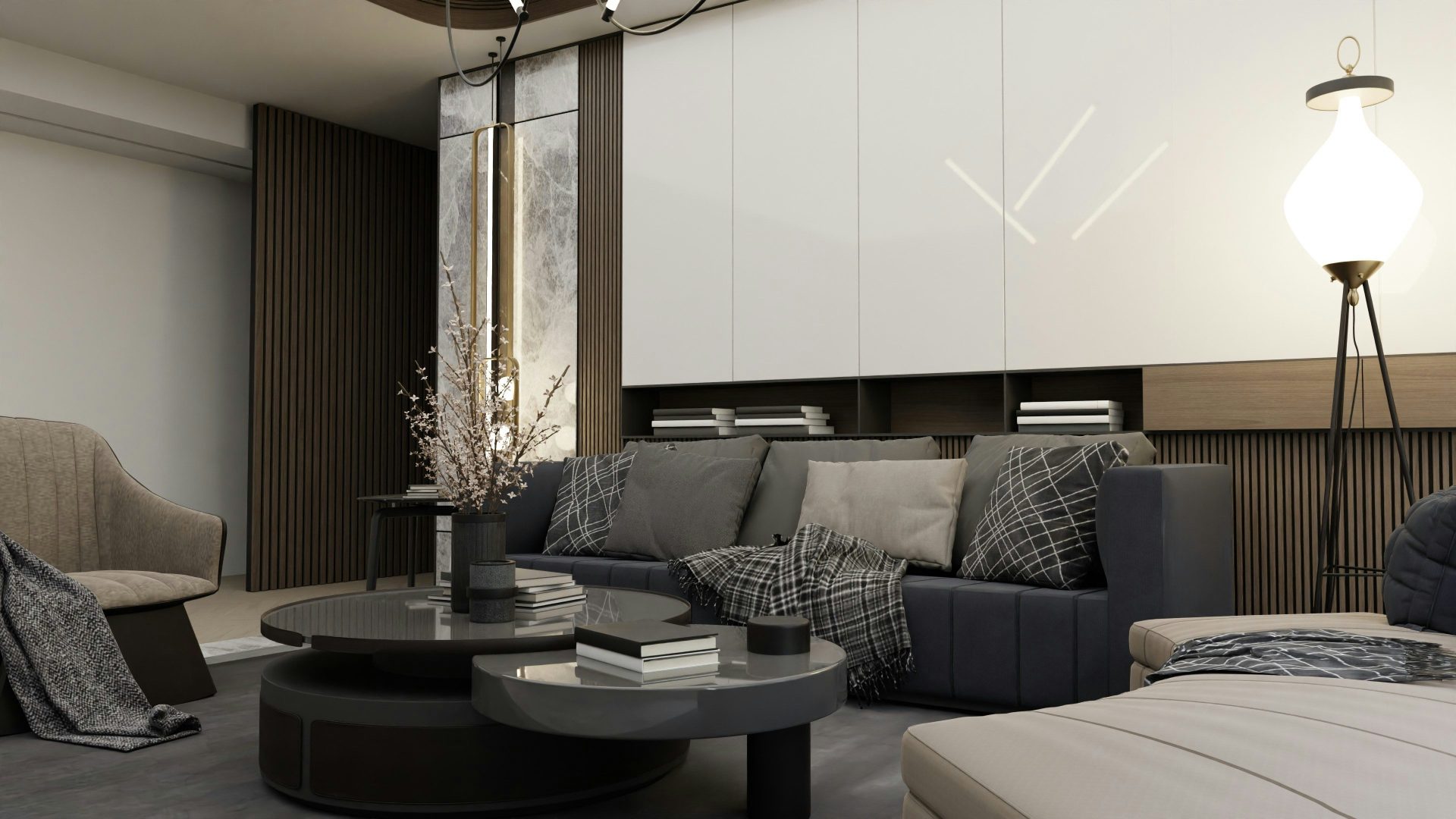 a living room filled with furniture and a lamp